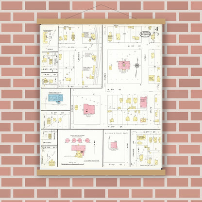 Old map wall art mockup — magnetic wood frame on brick wall — Sanborn Fire Insurance Map from Spencer, Clay County, Iowa (1909), Sheet #0004