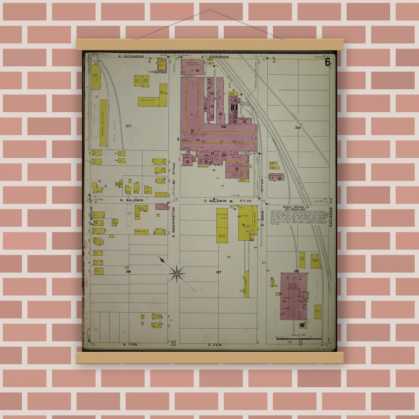 Old map wall art mockup — magnetic wood frame on brick wall — Sanborn Fire Insurance Map from Madison, Dane County, Wisconsin (1908), Sheet #0006