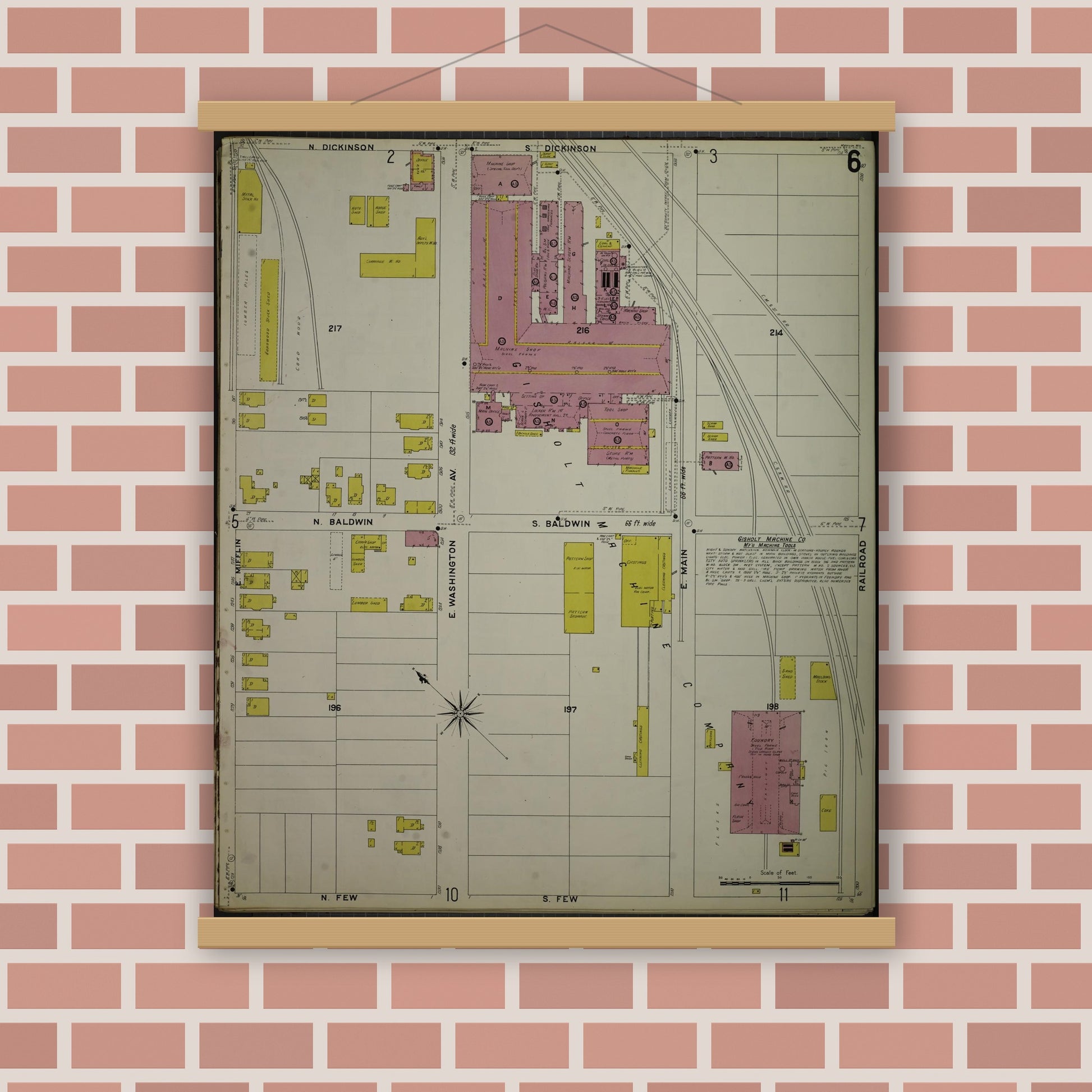 Old map wall art mockup — magnetic wood frame on brick wall — Sanborn Fire Insurance Map from Madison, Dane County, Wisconsin (1908), Sheet #0006