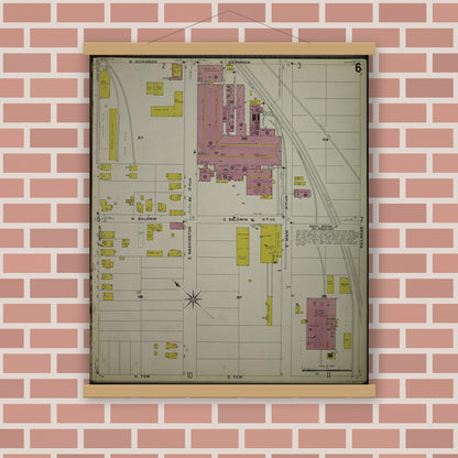 Old map wall art mockup — magnetic wood frame on brick wall — Sanborn Fire Insurance Map from Madison, Dane County, Wisconsin (1908), Sheet #0006