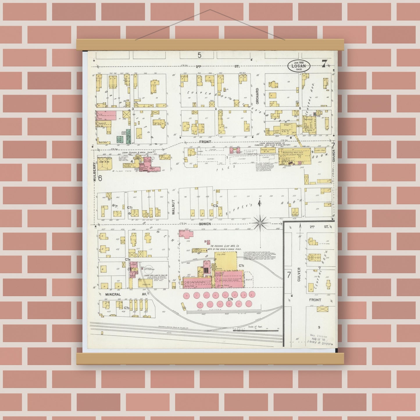 Old map wall art mockup — magnetic wood frame on brick wall — Sanborn Fire Insurance Map from Logan, Hocking County, Ohio (1900), Sheet #0007