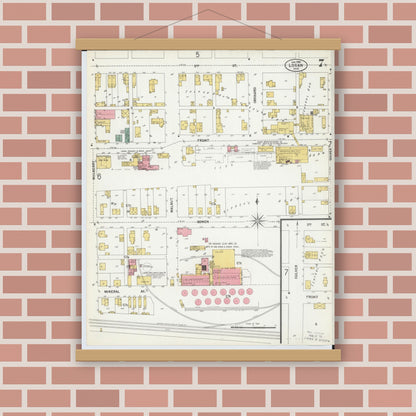 Old map wall art mockup — magnetic wood frame on brick wall — Sanborn Fire Insurance Map from Logan, Hocking County, Ohio (1900), Sheet #0007