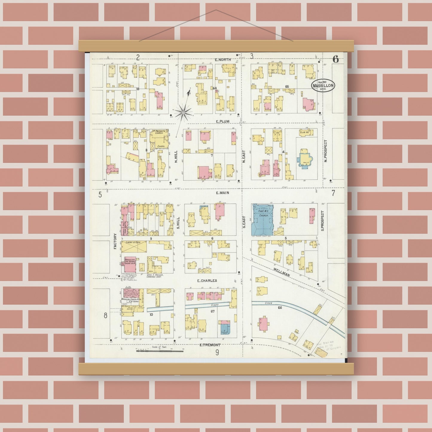Old map wall art mockup — magnetic wood frame on brick wall — Sanborn Fire Insurance Map from Massillon, Stark County, Ohio (1901), Sheet #0006