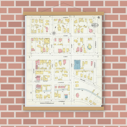 Old map wall art mockup — magnetic wood frame on brick wall — Sanborn Fire Insurance Map from Massillon, Stark County, Ohio (1901), Sheet #0006