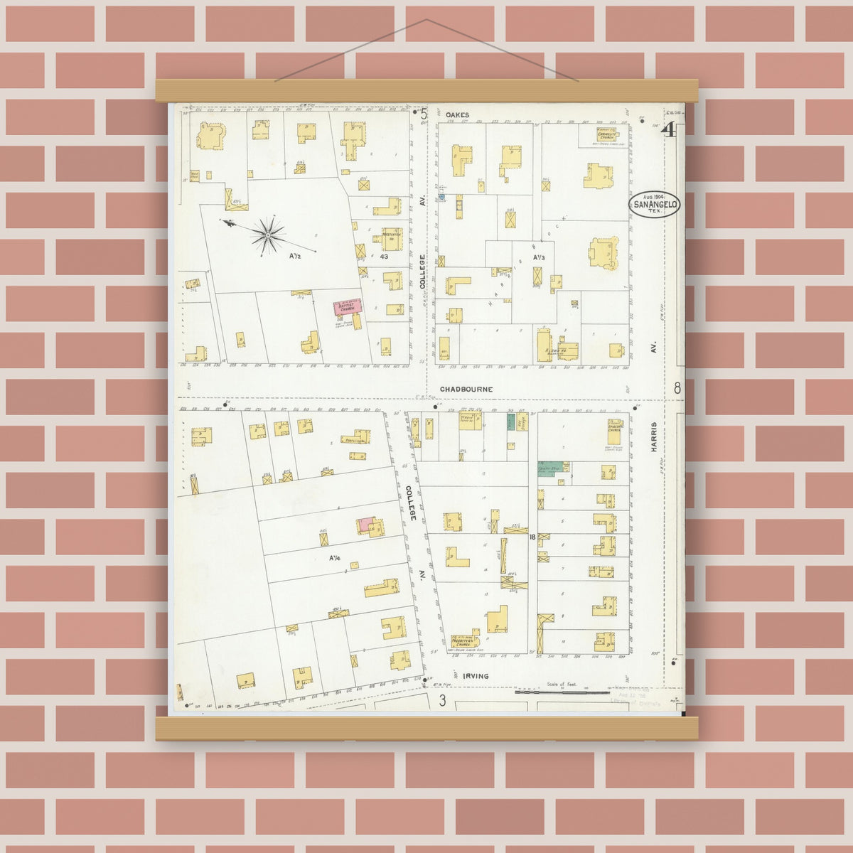 Old map wall art mockup — magnetic wood frame on brick wall — Sanborn Fire Insurance Map from San Angelo, Tom Green County, Texas (1904), Sheet #0004
