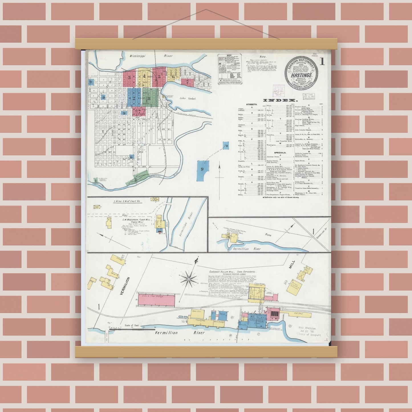 Old map wall art mockup — magnetic wood frame on brick wall — Sanborn Fire Insurance Map from Hastings, Dakota County, Minnesota (1904) - Complete Map Set