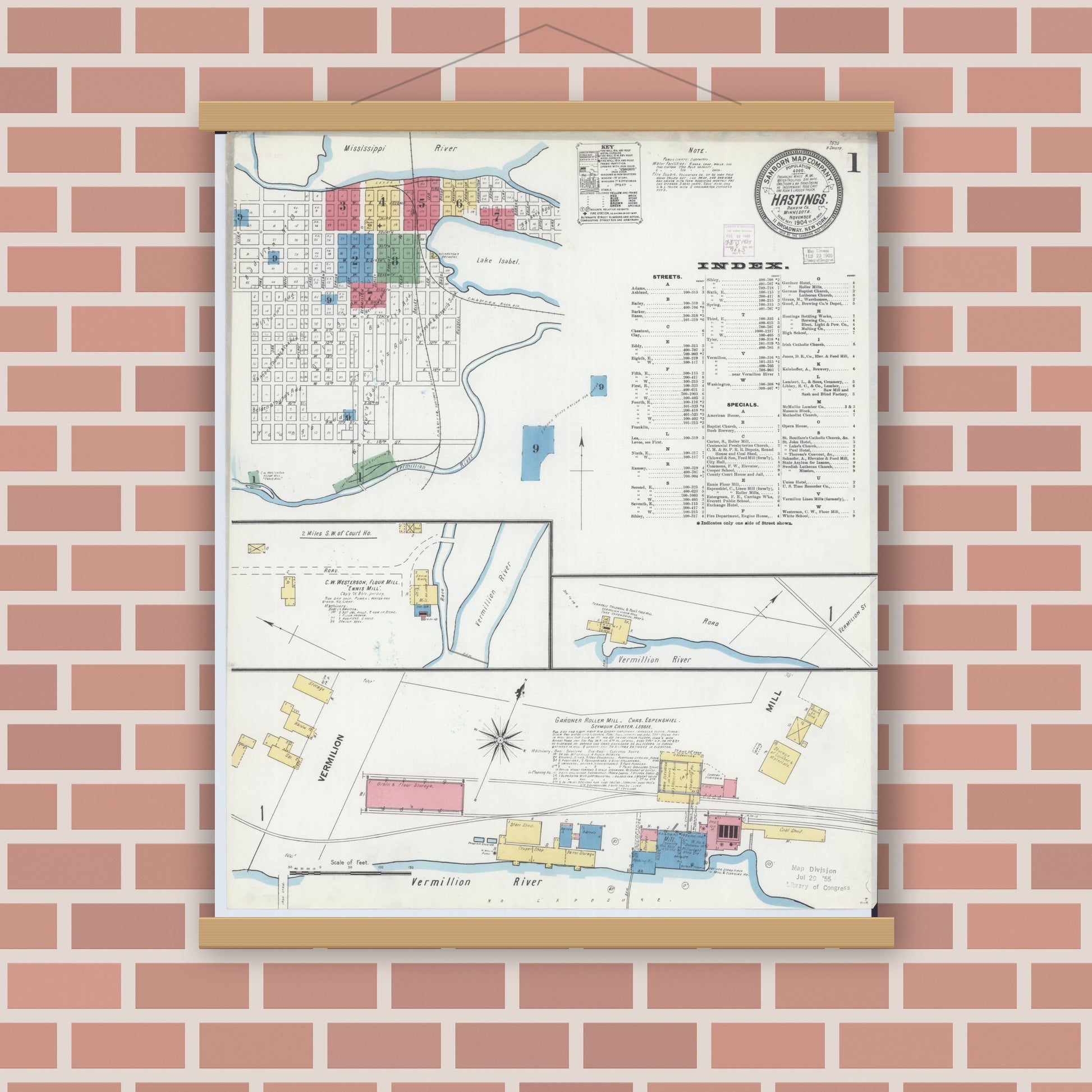 Old map wall art mockup — magnetic wood frame on brick wall — Sanborn Fire Insurance Map from Hastings, Dakota County, Minnesota (1904) - Complete Map Set
