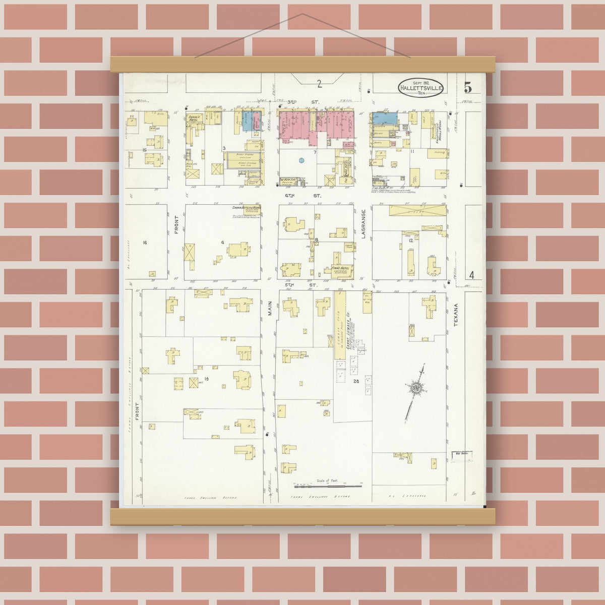 Old map wall art mockup — magnetic wood frame on brick wall — Sanborn Fire Insurance Map from Hallettsville, Lavaca County, Texas (1912), Sheet #0005