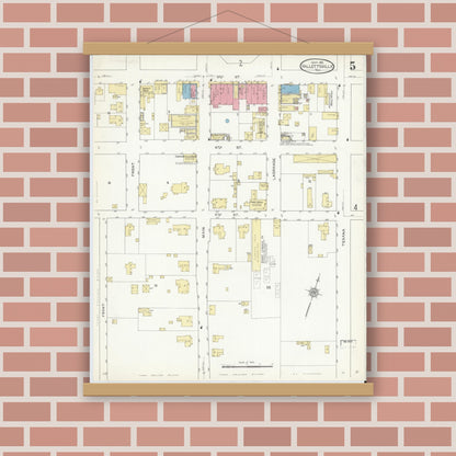 Old map wall art mockup — magnetic wood frame on brick wall — Sanborn Fire Insurance Map from Hallettsville, Lavaca County, Texas (1912), Sheet #0005
