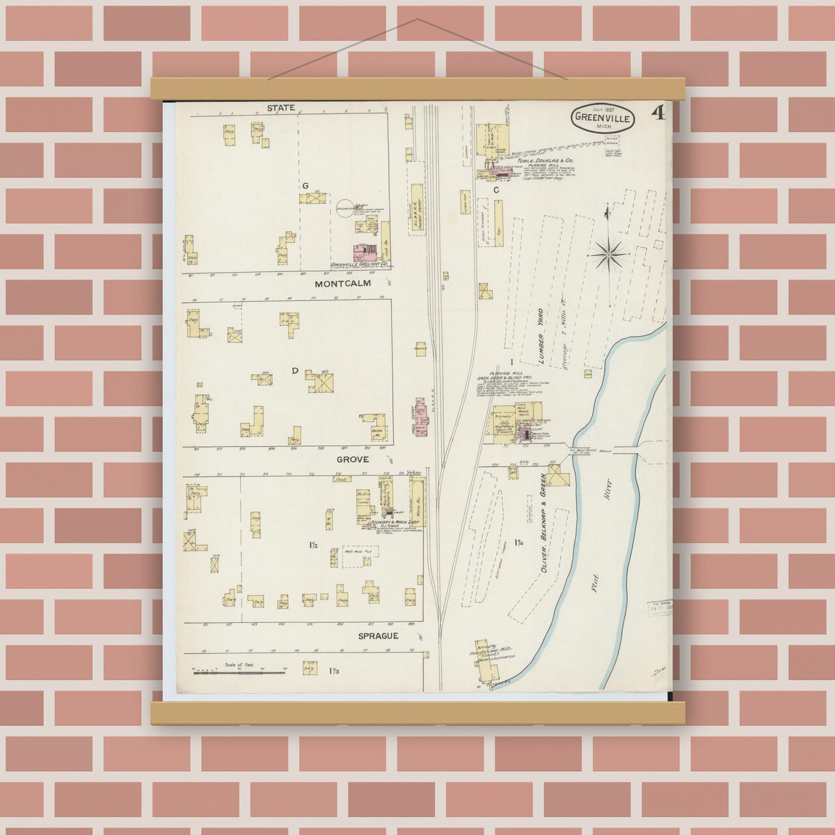 Old map wall art mockup — magnetic wood frame on brick wall — Sanborn Fire Insurance Map from Greenville, Montcalm County, Michigan (1887), Sheet #0004