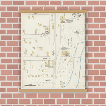 Old map wall art mockup — magnetic wood frame on brick wall — Sanborn Fire Insurance Map from Greenville, Montcalm County, Michigan (1887), Sheet #0004