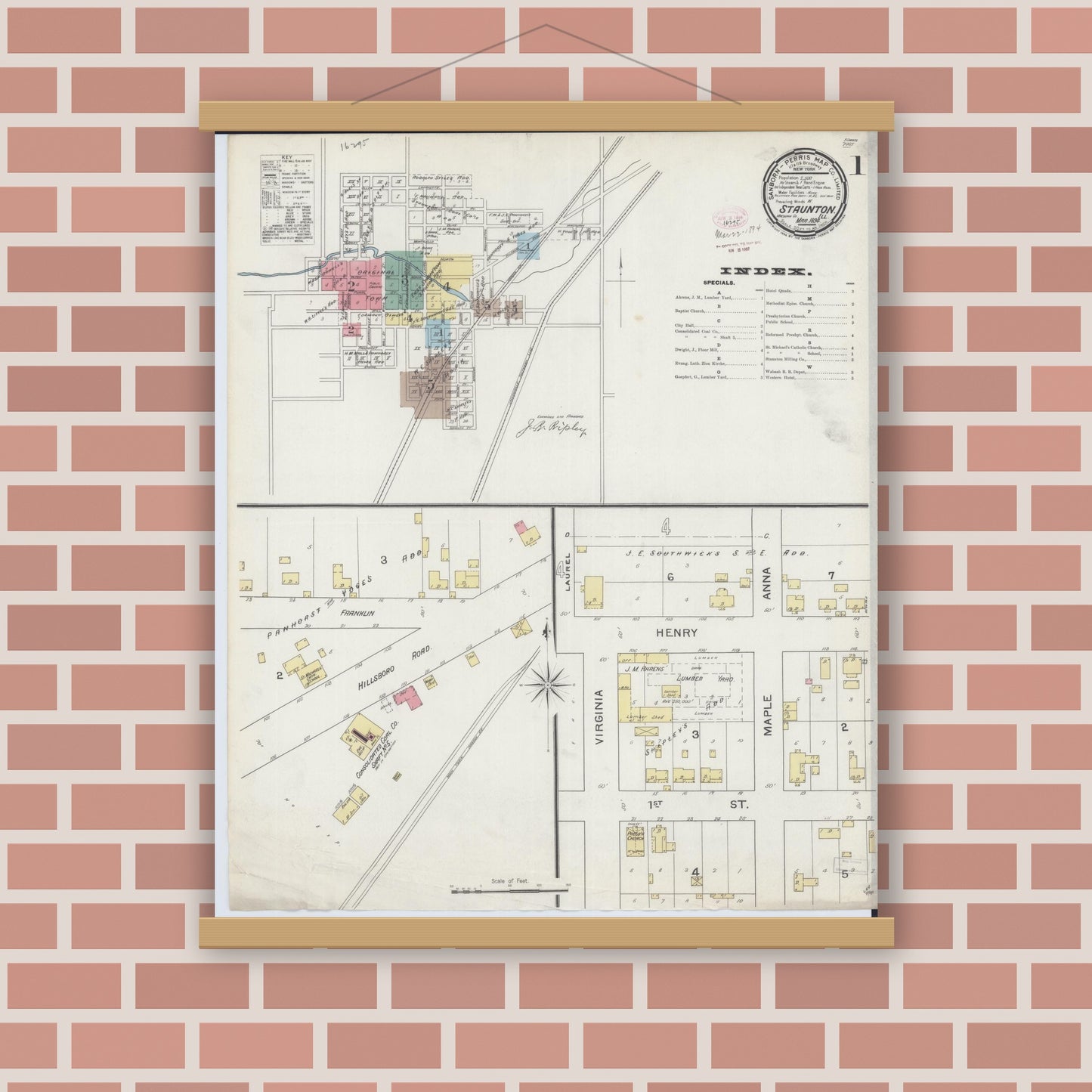 Old map wall art mockup — magnetic wood frame on brick wall — Sanborn Fire Insurance Map from Staunton, Macoupin County, Illinois (1894) - Complete Map Set