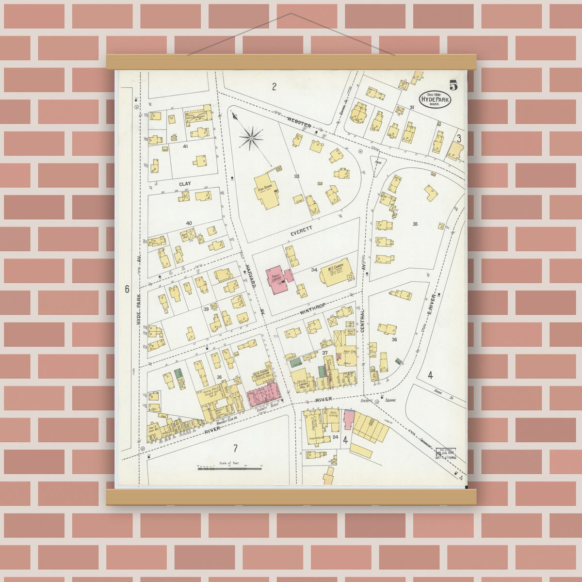 Old map wall art mockup — magnetic wood frame on brick wall — Sanborn Fire Insurance Map from Hyde Park, Norfolk County, Massachusetts (1900), Sheet #0005