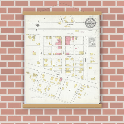 Old map wall art mockup — magnetic wood frame on brick wall — Sanborn Fire Insurance Map from Grand Chain, Pulaski County, Illinois (1911), Sheet #0001