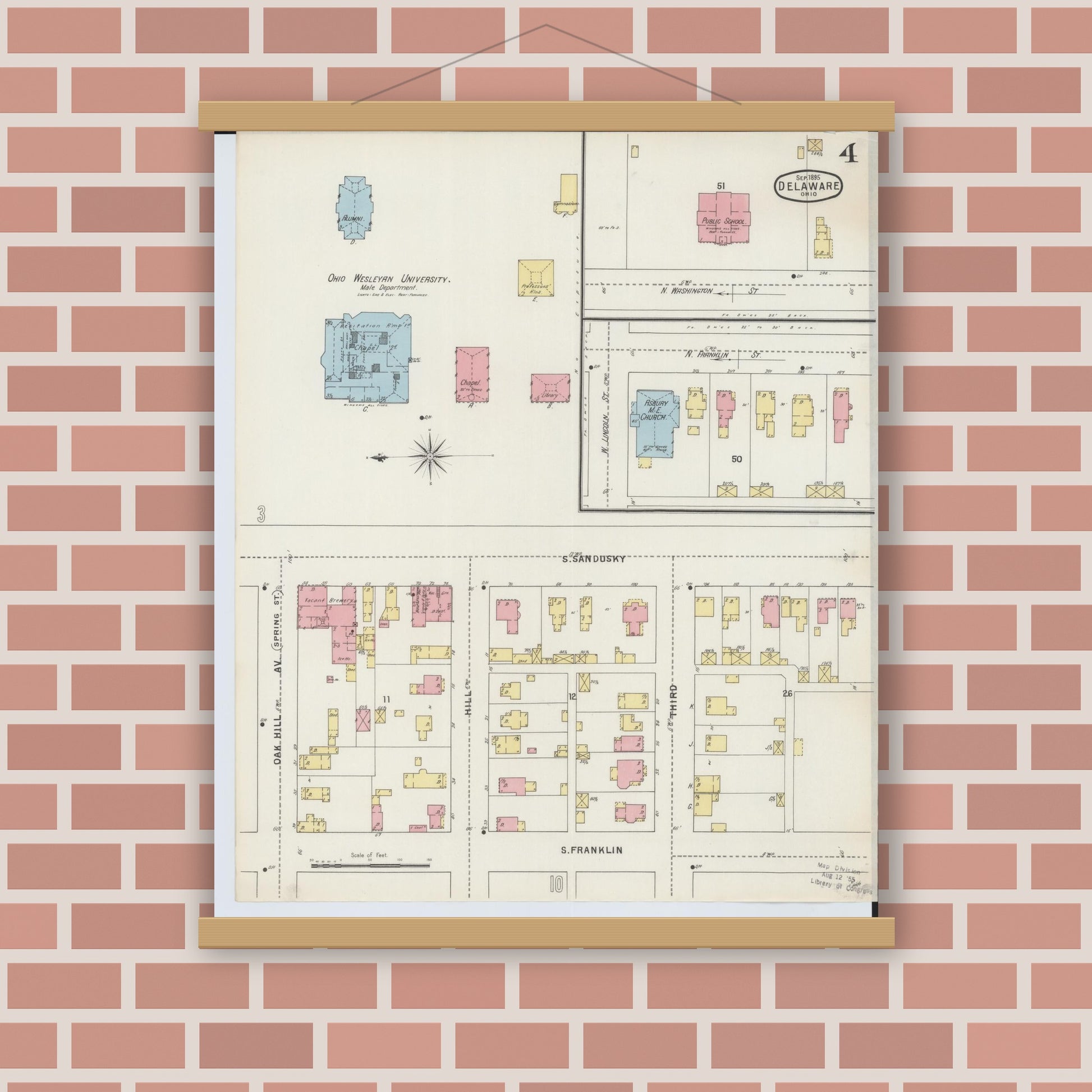 Old map wall art mockup — magnetic wood frame on brick wall — Sanborn Fire Insurance Map from Delaware, Delaware County, Ohio (1895), Sheet #0004