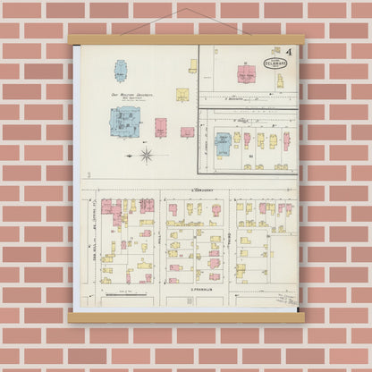 Old map wall art mockup — magnetic wood frame on brick wall — Sanborn Fire Insurance Map from Delaware, Delaware County, Ohio (1895), Sheet #0004