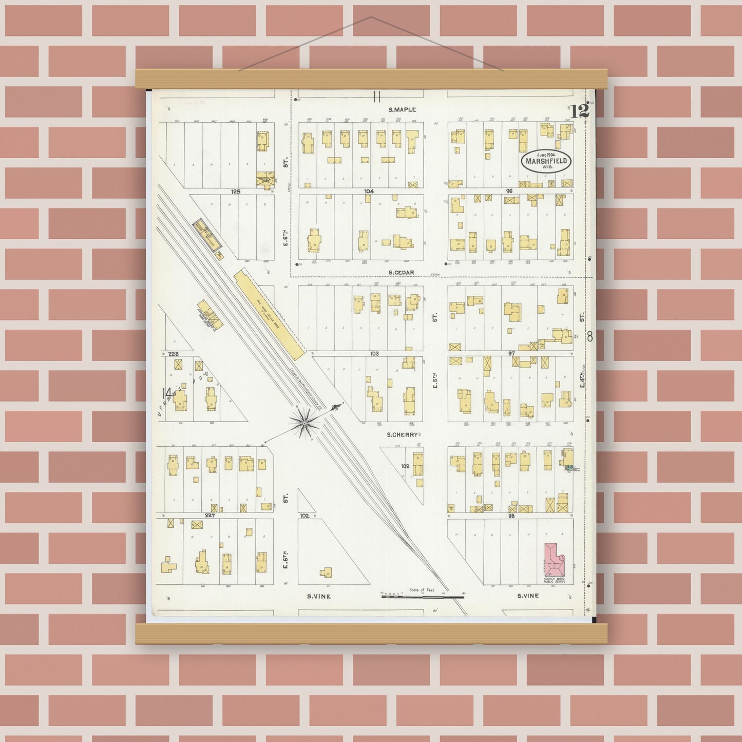 Old map wall art mockup — magnetic wood frame on brick wall — Sanborn Fire Insurance Map from Marshfield, Wood County, Wisconsin (1904), Sheet #0012