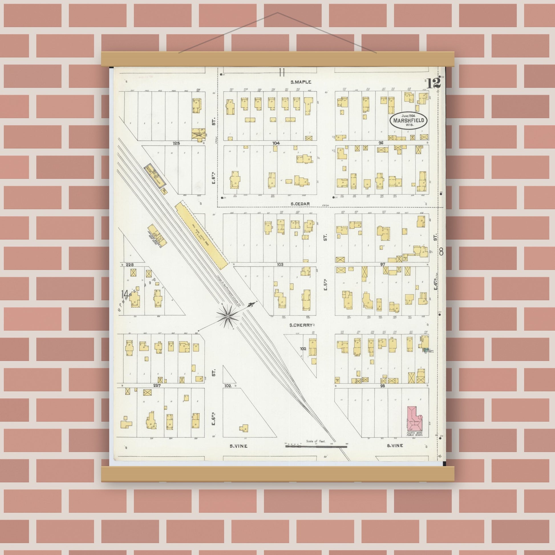 Old map wall art mockup — magnetic wood frame on brick wall — Sanborn Fire Insurance Map from Marshfield, Wood County, Wisconsin (1904), Sheet #0012