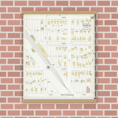 Old map wall art mockup — magnetic wood frame on brick wall — Sanborn Fire Insurance Map from Marshfield, Wood County, Wisconsin (1904), Sheet #0012