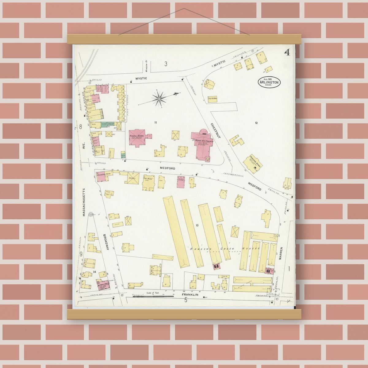 Old map wall art mockup — magnetic wood frame on brick wall — Sanborn Fire Insurance Map from Arlington, Middlesex County, Massachusetts (1908), Sheet #0004