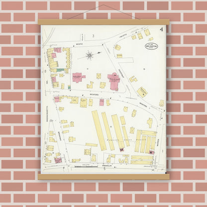 Old map wall art mockup — magnetic wood frame on brick wall — Sanborn Fire Insurance Map from Arlington, Middlesex County, Massachusetts (1908), Sheet #0004
