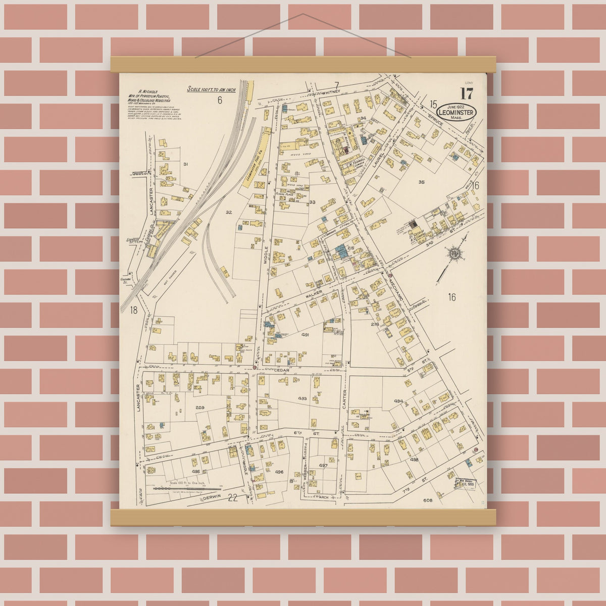 Old map wall art mockup — magnetic wood frame on brick wall — Sanborn Fire Insurance Map from Leominster, Worcester County, Massachusetts (1922), Sheet #0017