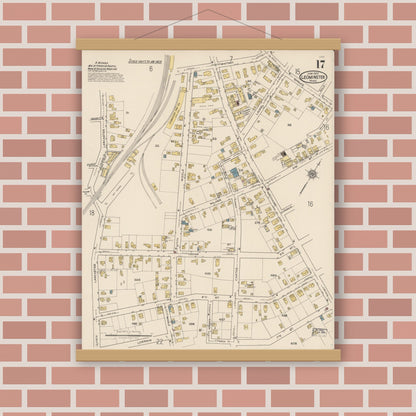 Old map wall art mockup — magnetic wood frame on brick wall — Sanborn Fire Insurance Map from Leominster, Worcester County, Massachusetts (1922), Sheet #0017