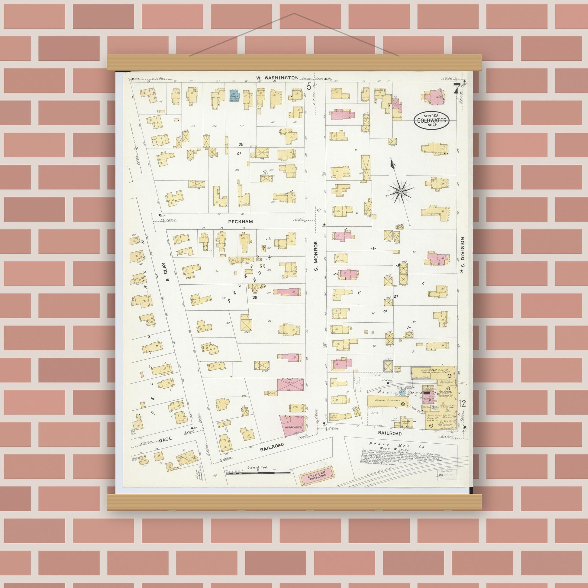 Old map wall art mockup — magnetic wood frame on brick wall — Sanborn Fire Insurance Map from Coldwater, Branch County, Michigan (1908), Sheet #0007