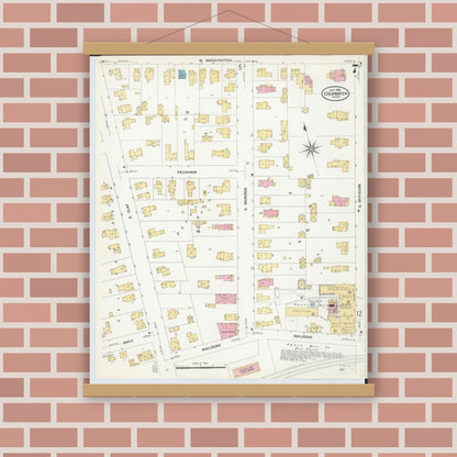 Old map wall art mockup — magnetic wood frame on brick wall — Sanborn Fire Insurance Map from Coldwater, Branch County, Michigan (1908), Sheet #0007