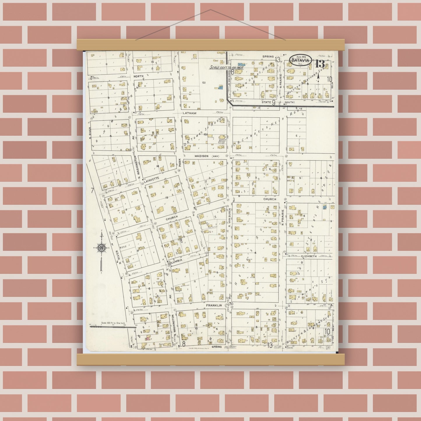 Old map wall art mockup — magnetic wood frame on brick wall — Sanborn Fire Insurance Map from Batavia, Kane County, Illinois (1916), Sheet #0013