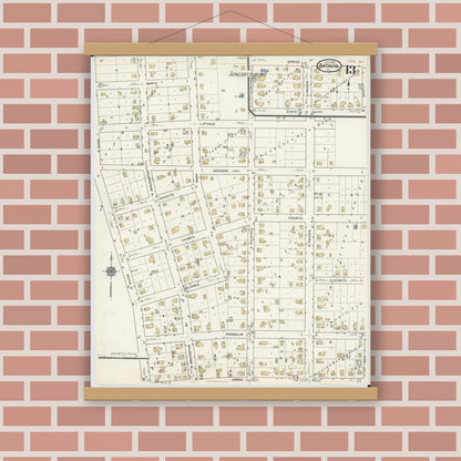 Old map wall art mockup — magnetic wood frame on brick wall — Sanborn Fire Insurance Map from Batavia, Kane County, Illinois (1916), Sheet #0013