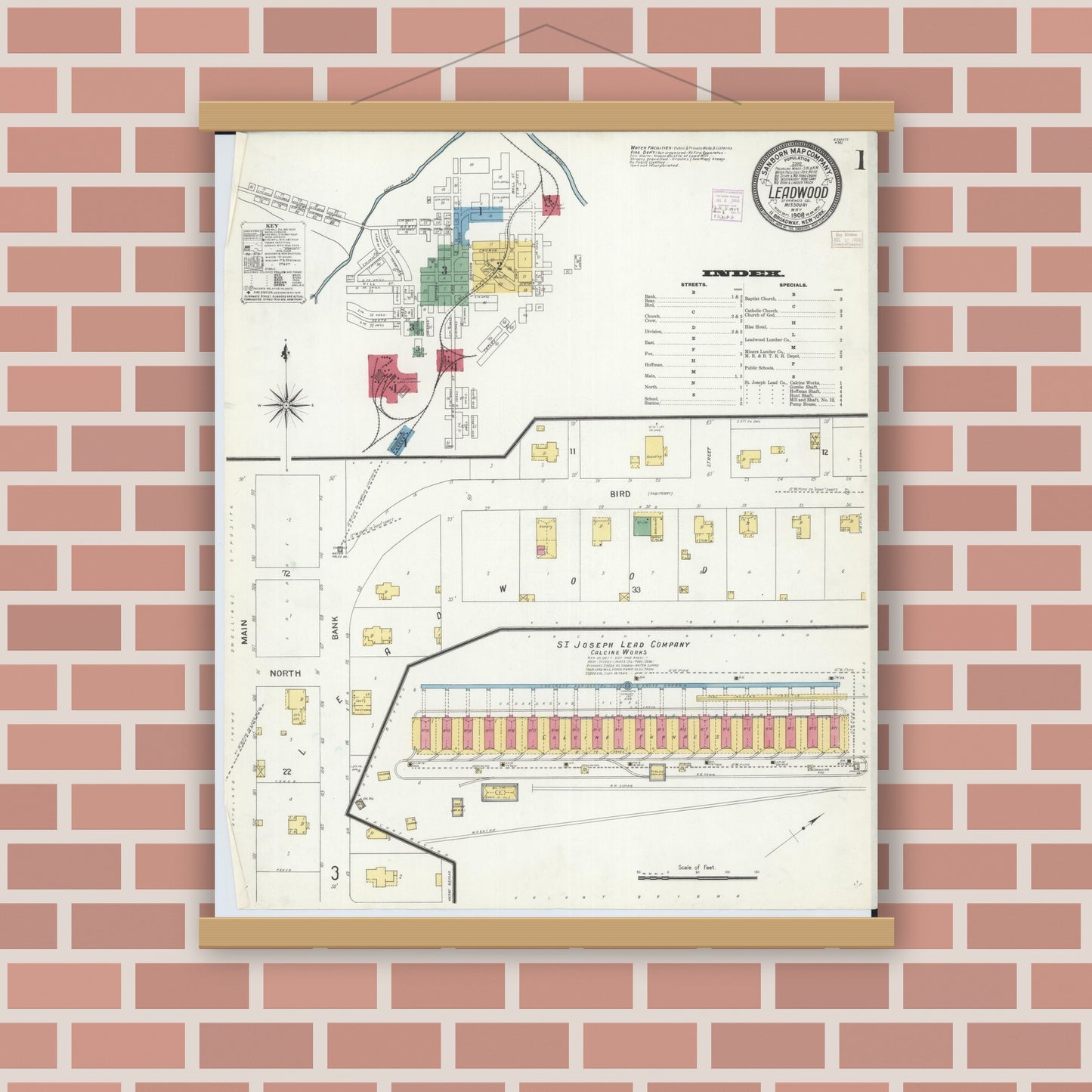 Old map wall art mockup — magnetic wood frame on brick wall — Sanborn Fire Insurance Map from Leadwood, Saint Francois County, Missouri (1908) - Complete Map Set