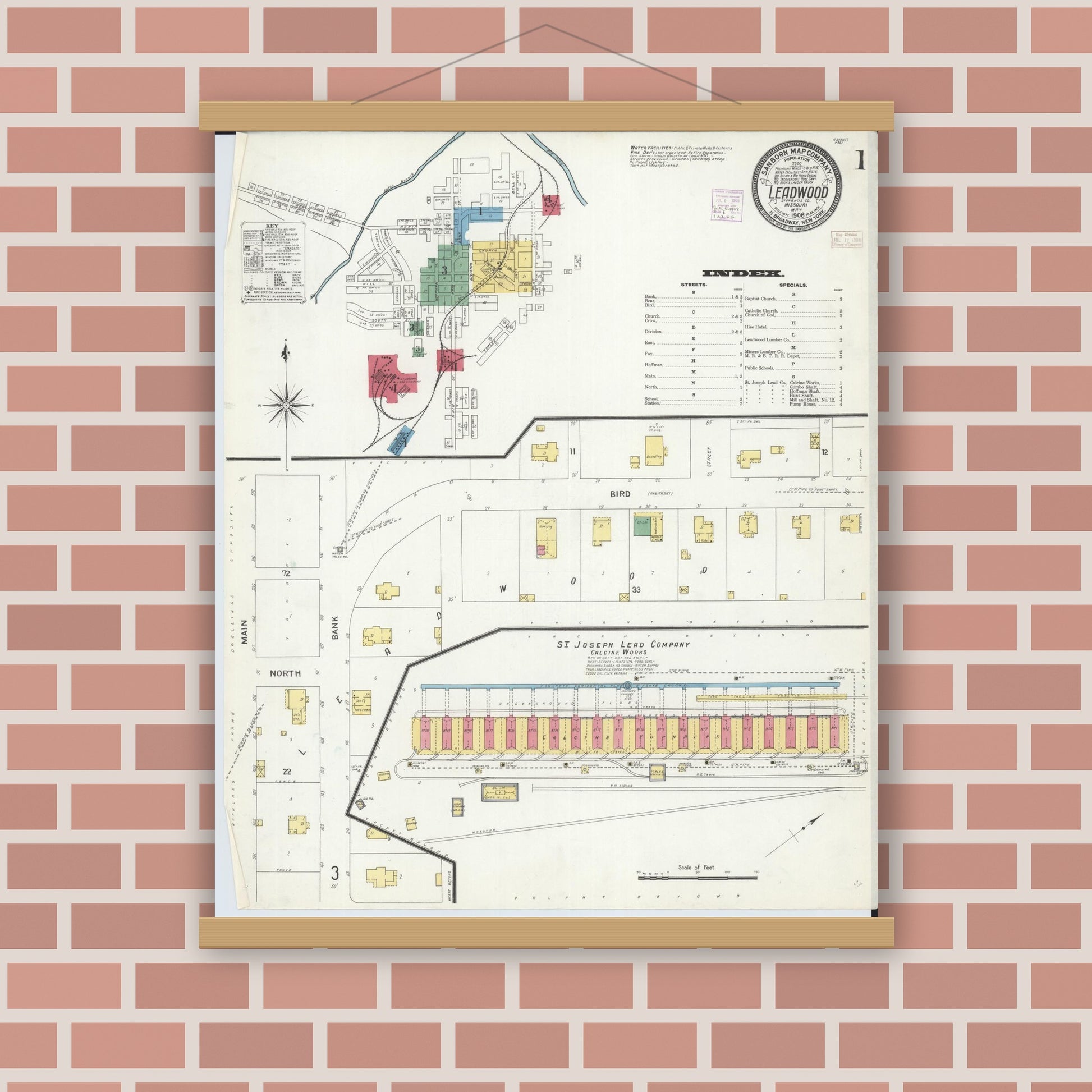 Old map wall art mockup — magnetic wood frame on brick wall — Sanborn Fire Insurance Map from Leadwood, Saint Francois County, Missouri (1908) - Complete Map Set