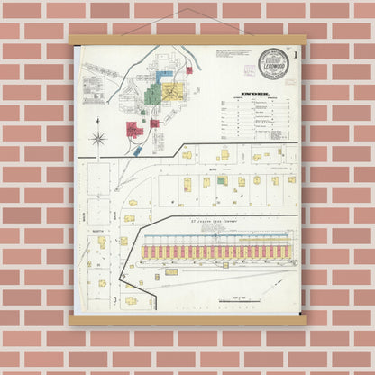 Old map wall art mockup — magnetic wood frame on brick wall — Sanborn Fire Insurance Map from Leadwood, Saint Francois County, Missouri (1908) - Complete Map Set