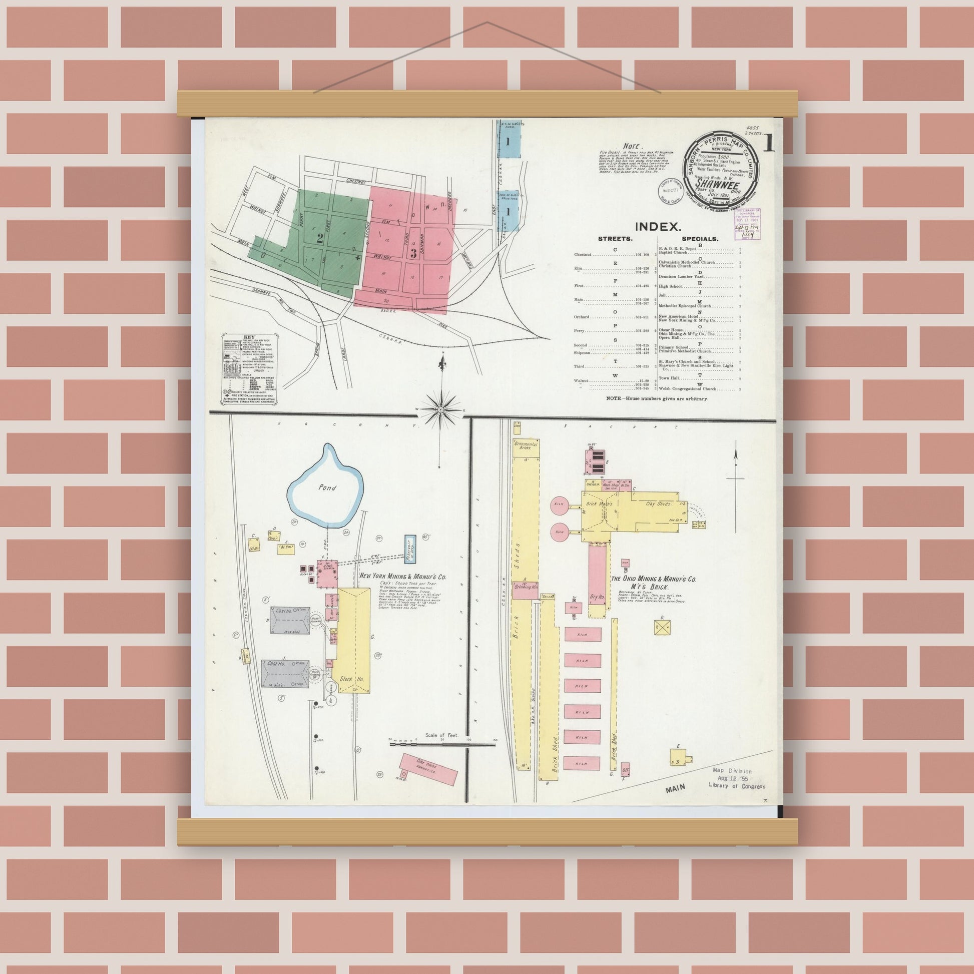 Old map wall art mockup — magnetic wood frame on brick wall — Sanborn Fire Insurance Map from Shawnee, Perry County, Ohio (1901), Sheet #0001