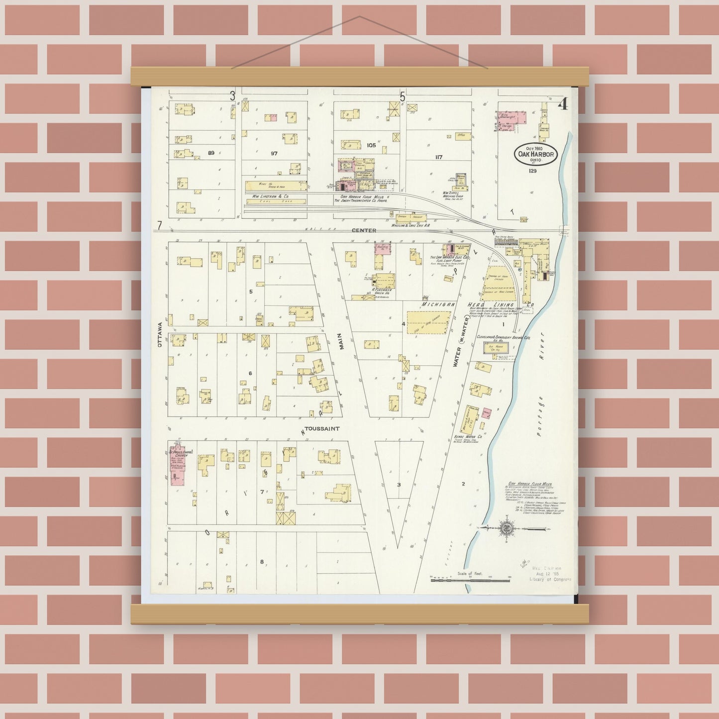 Old map wall art mockup — magnetic wood frame on brick wall — Sanborn Fire Insurance Map from Oak Harbor, Ottawa County, Ohio (1910), Sheet #0004