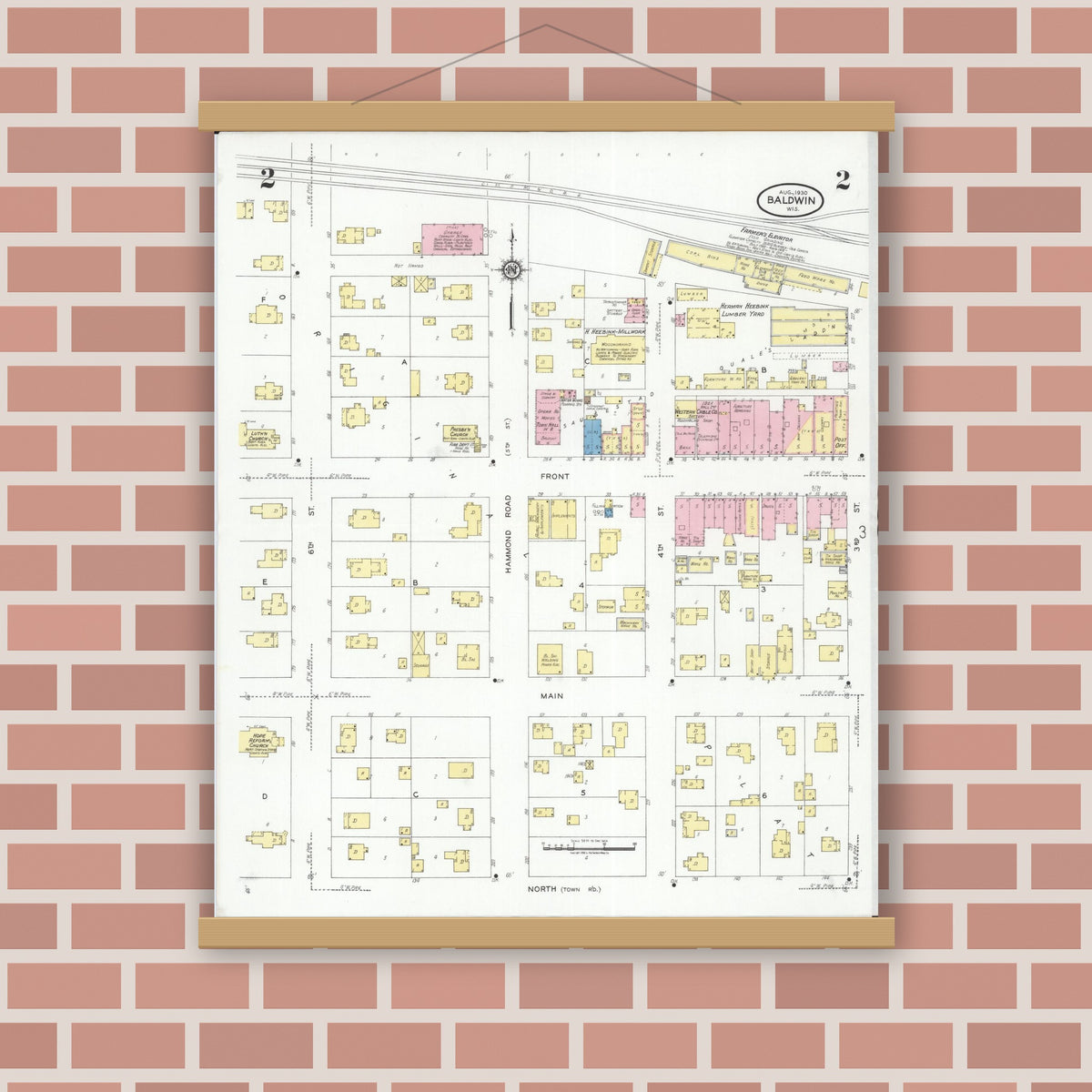 Old map wall art mockup — magnetic wood frame on brick wall — Sanborn Fire Insurance Map from Baldwin, St. Croix County, Wisconsin (1930), Sheet #0002