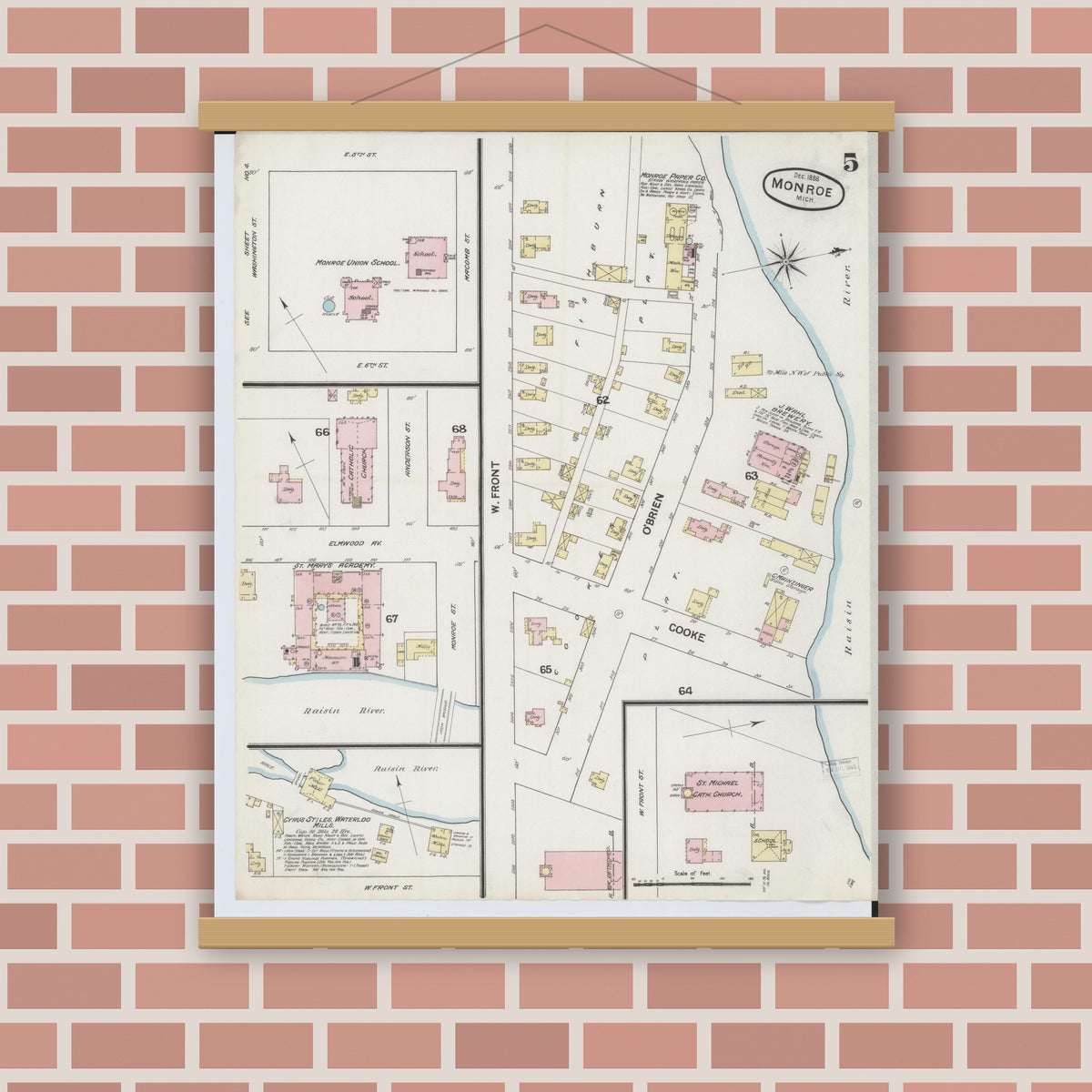 Old map wall art mockup — magnetic wood frame on brick wall — Sanborn Fire Insurance Map from Monroe, Monroe County, Michigan (1888), Sheet #0005