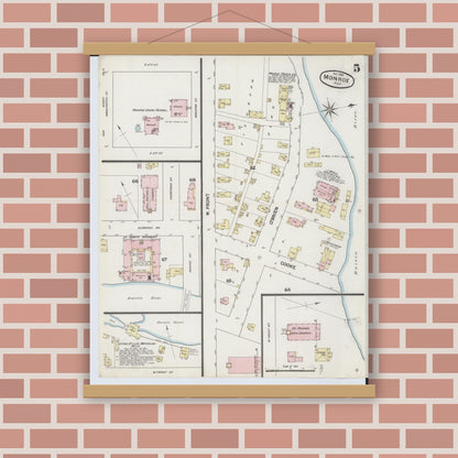 Old map wall art mockup — magnetic wood frame on brick wall — Sanborn Fire Insurance Map from Monroe, Monroe County, Michigan (1888), Sheet #0005