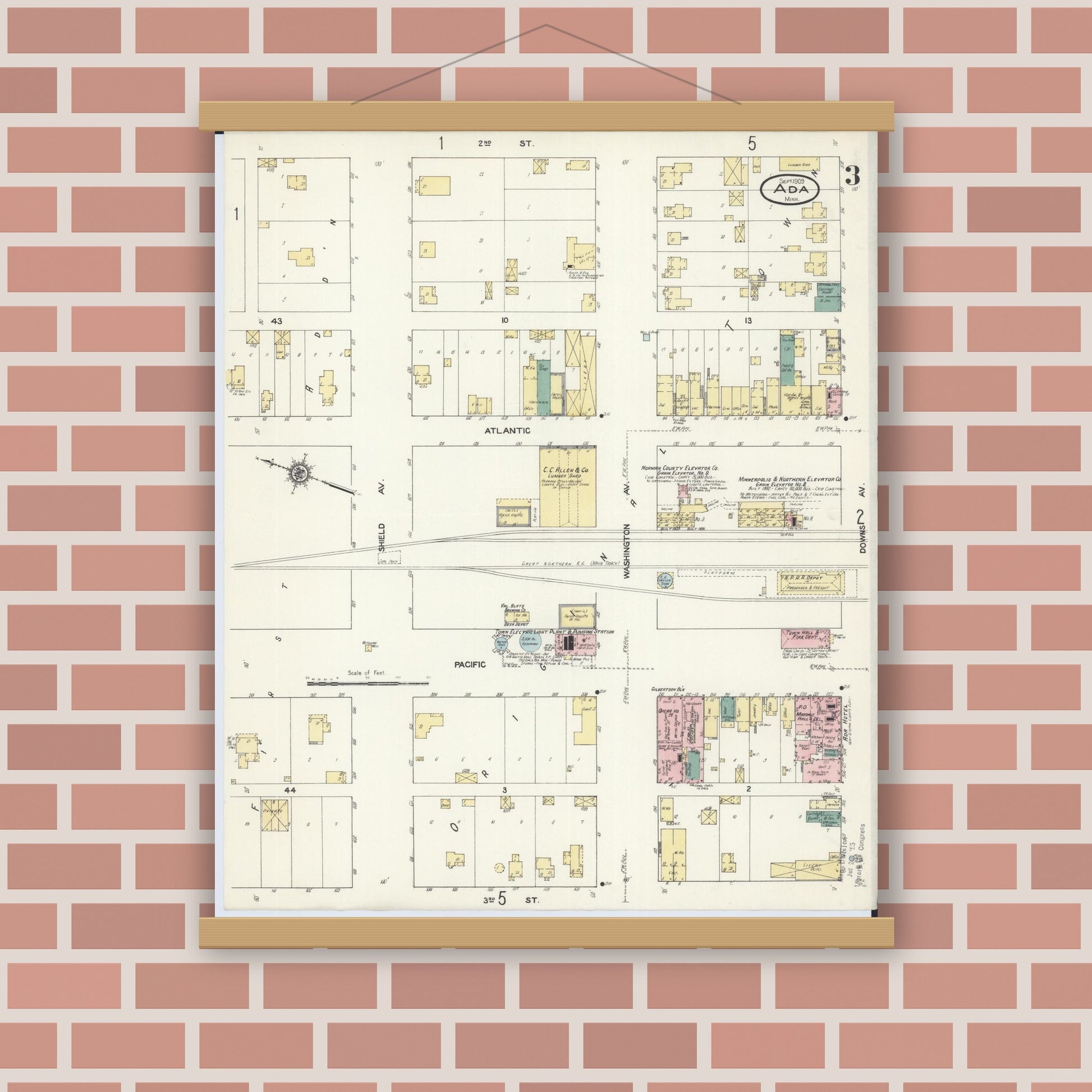 Old map wall art mockup — magnetic wood frame on brick wall — Sanborn Fire Insurance Map from Ada, Norman County, Minnesota (1909), Sheet #0003