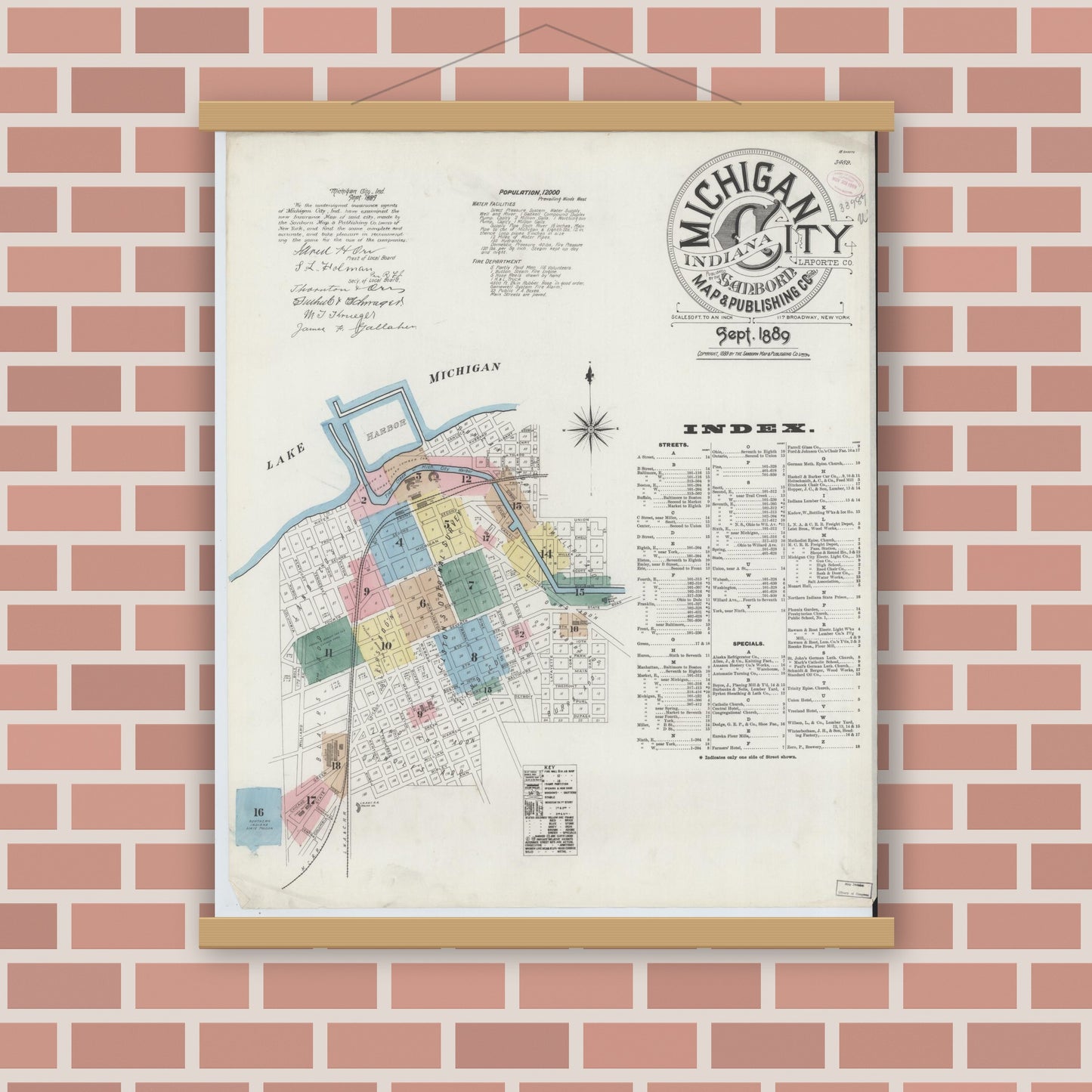 Old map wall art mockup — magnetic wood frame on brick wall — Sanborn Fire Insurance Map from Michigan City, La Porte County, Indiana (1889), Sheet #0001