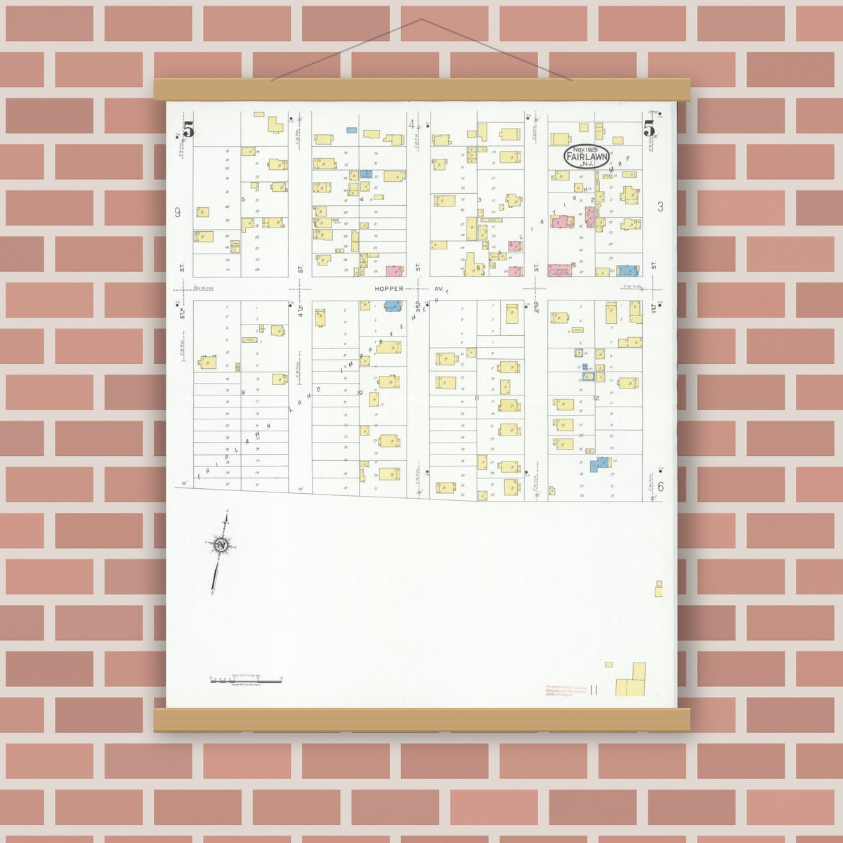 Old map wall art mockup — magnetic wood frame on brick wall — Sanborn Fire Insurance Map from Fair Lawn, Bergen County, New Jersey (1929), Sheet #0005
