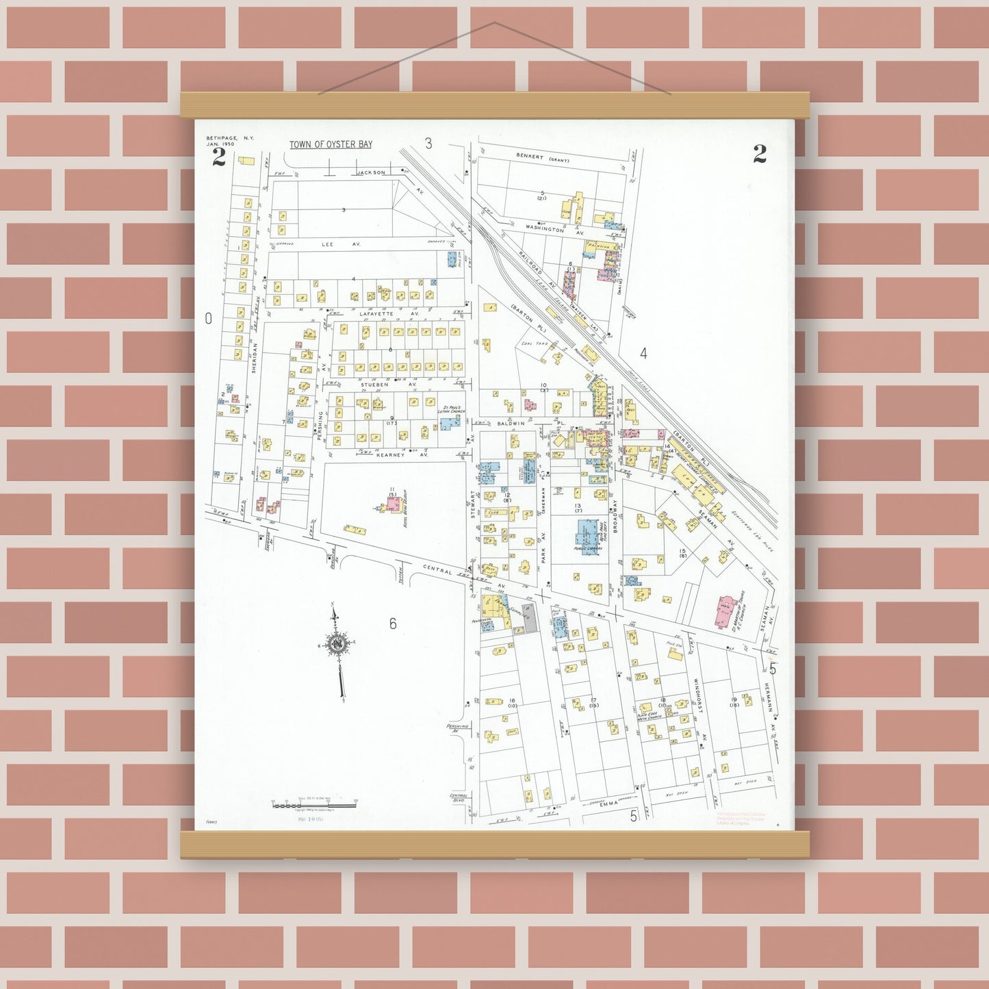 Old map wall art mockup — magnetic wood frame on brick wall — Sanborn Fire Insurance Map from Bethpage, Nassau County, New York (1950), Sheet #0002