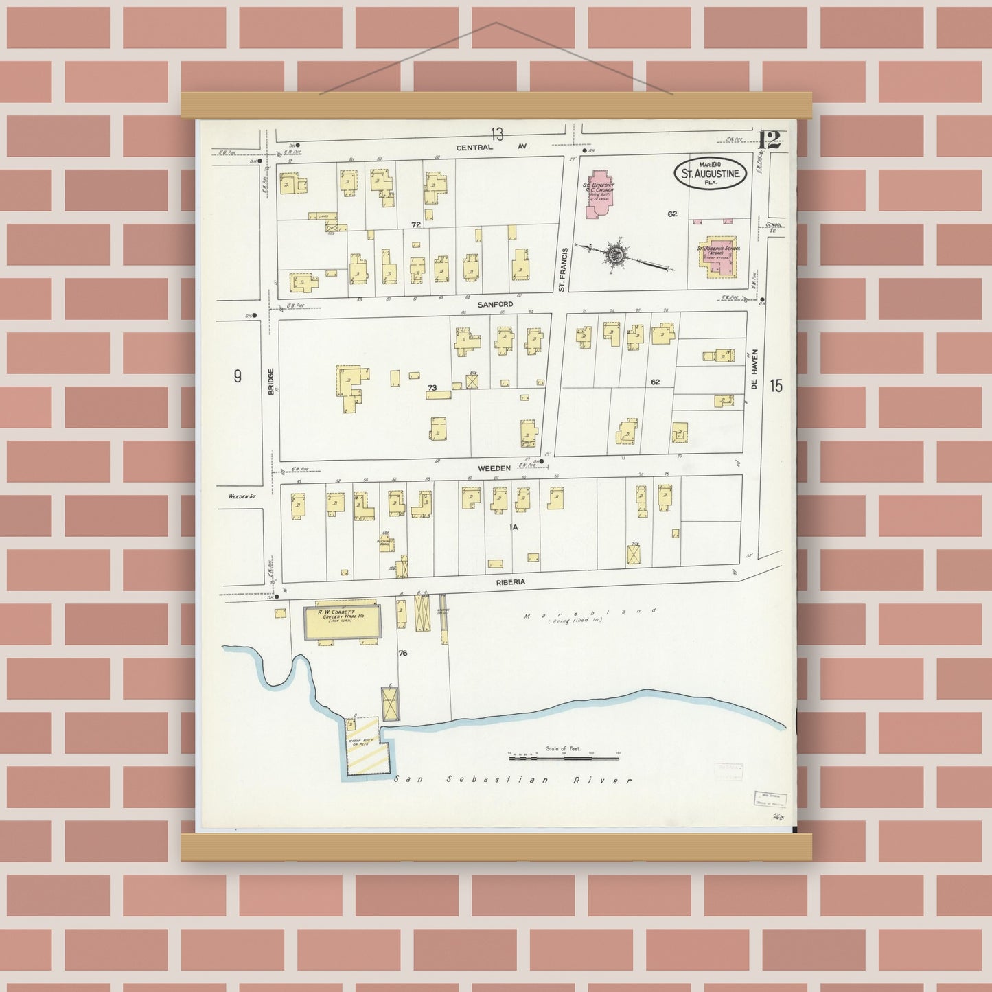 Old map wall art mockup — magnetic wood frame on brick wall — Sanborn Fire Insurance Map from Saint Augustine, Saint John's County, Florida (1910), Sheet #0012