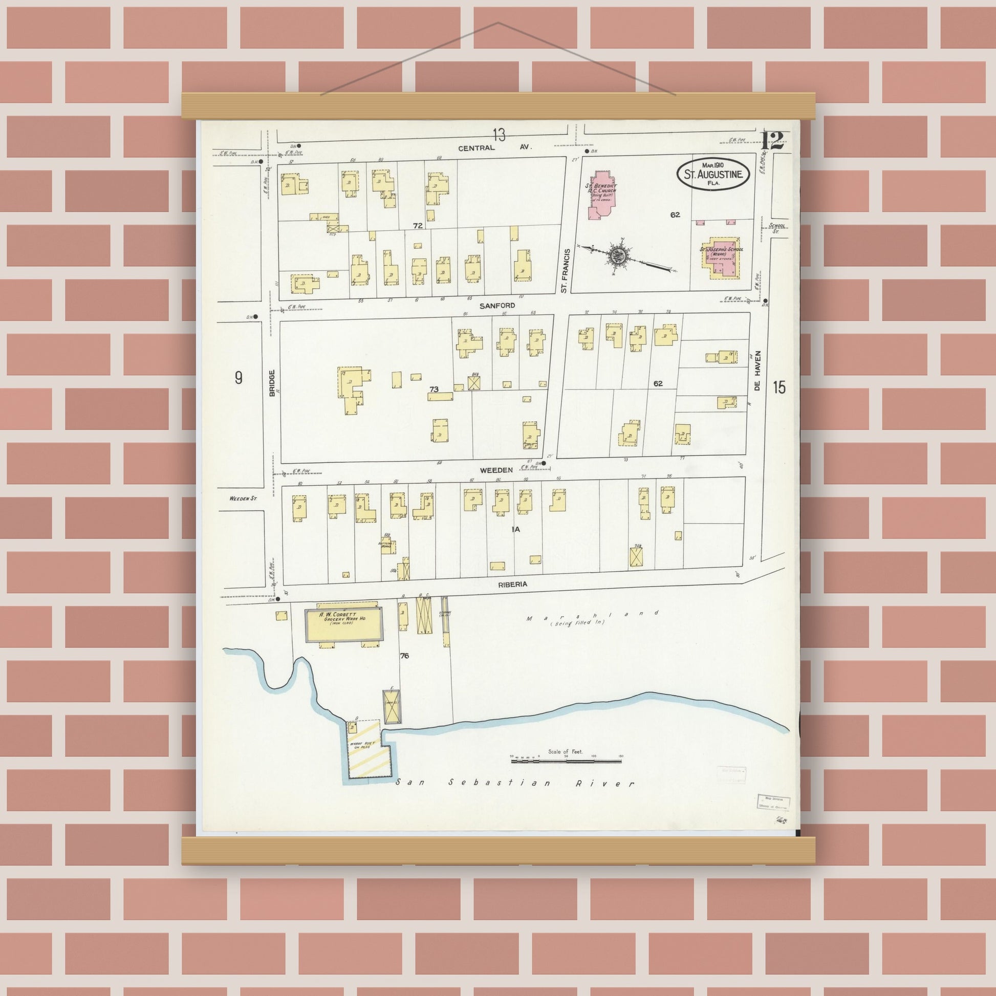 Old map wall art mockup — magnetic wood frame on brick wall — Sanborn Fire Insurance Map from Saint Augustine, Saint John's County, Florida (1910), Sheet #0012