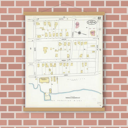 Old map wall art mockup — magnetic wood frame on brick wall — Sanborn Fire Insurance Map from Saint Augustine, Saint John's County, Florida (1910), Sheet #0012