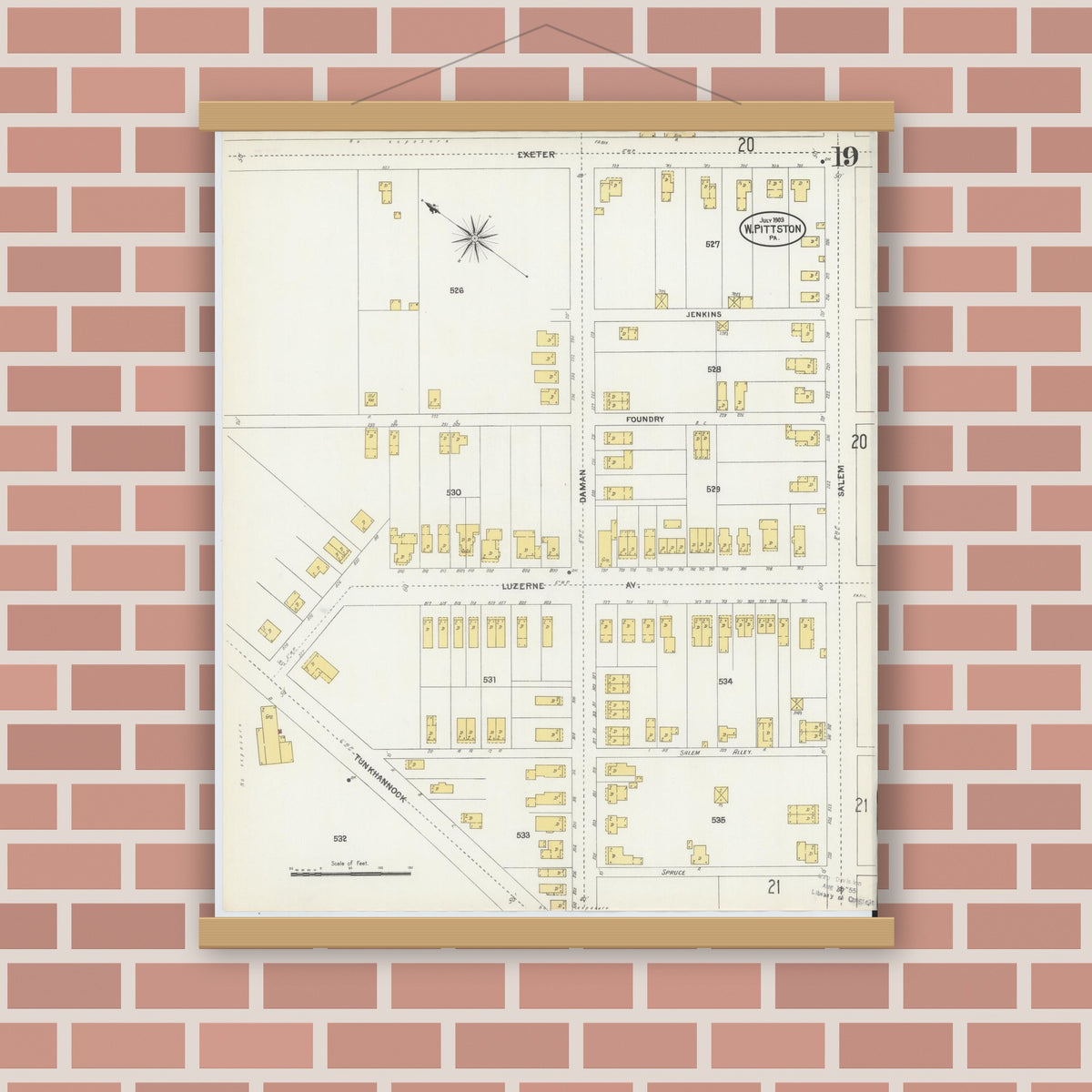 Old map wall art mockup — magnetic wood frame on brick wall — Sanborn Fire Insurance Map from Pittston, Luzerne County, Pennsylvania (1903), Sheet #0019