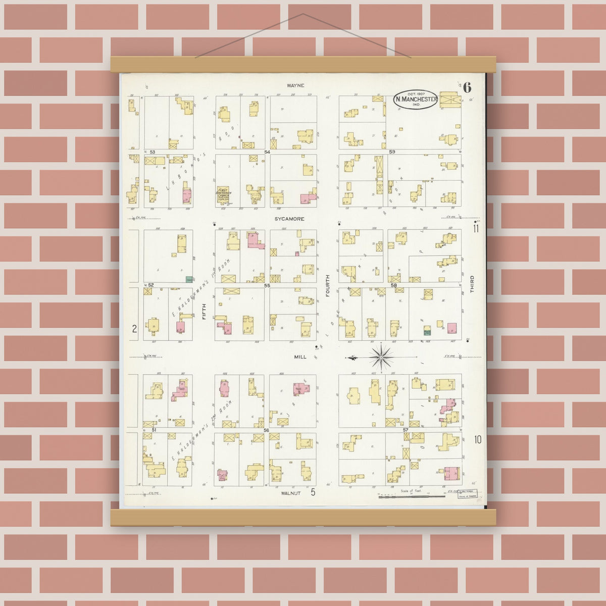 Old map wall art mockup — magnetic wood frame on brick wall — Sanborn Fire Insurance Map from North Manchester, Wabash County, Indiana (1907), Sheet #0006