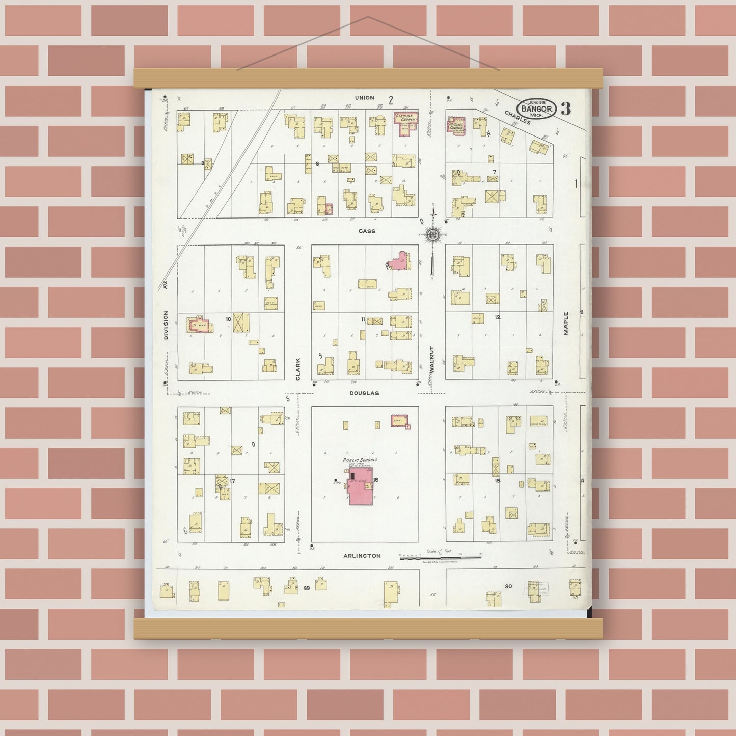 Old map wall art mockup — magnetic wood frame on brick wall — Sanborn Fire Insurance Map from Bangor, Van Buren County, Michigan (1918), Sheet #0003