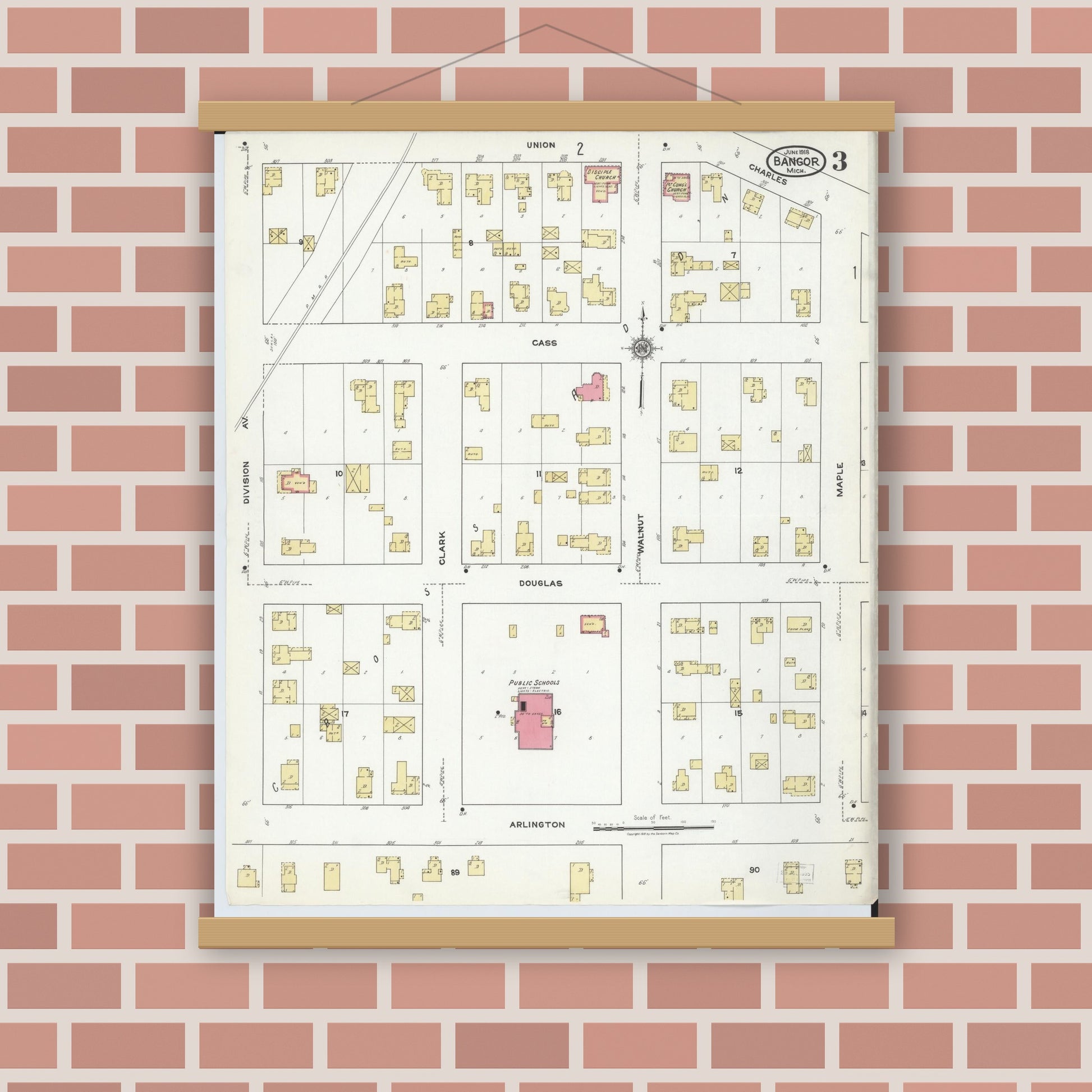 Old map wall art mockup — magnetic wood frame on brick wall — Sanborn Fire Insurance Map from Bangor, Van Buren County, Michigan (1918), Sheet #0003